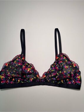 Savage X Fenty Black Lace Bralette with Multicolor Floral Embroidery Medium
